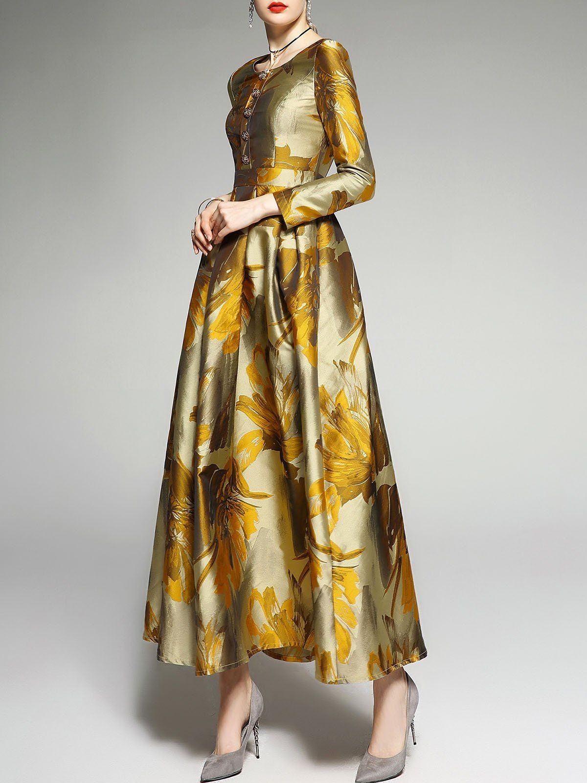 Style ASS0005 Faeriesty Size 3X Prom Long Sleeve Floral Gold Floor Length Maxi on Queenly