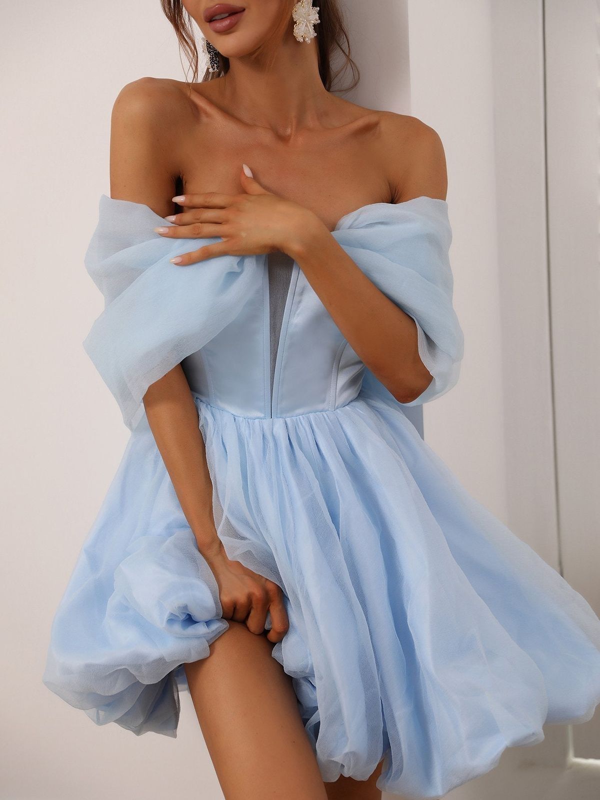 Style FSWD8001 Faeriesty Size M Homecoming Off The Shoulder Satin Blue Cocktail Dress on Queenly