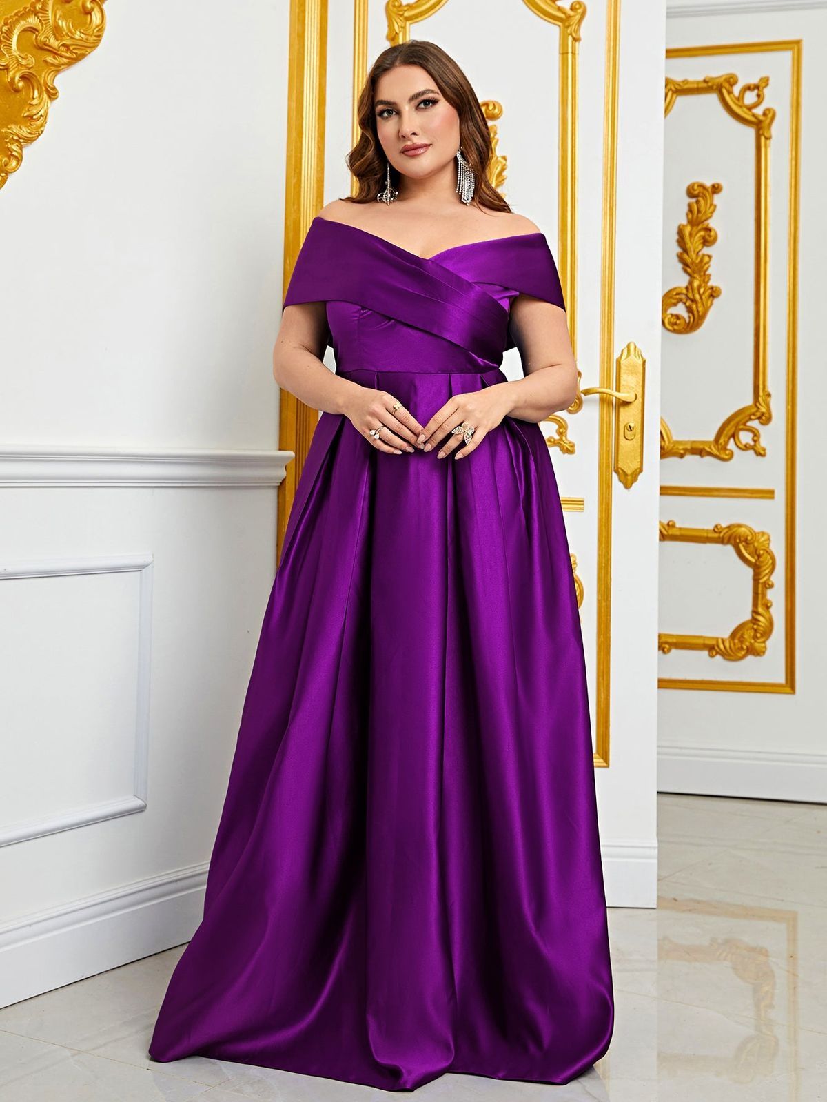 Style FSWD0861P Faeriesty Size 2X Off The Shoulder Satin Purple A-line Dress on Queenly