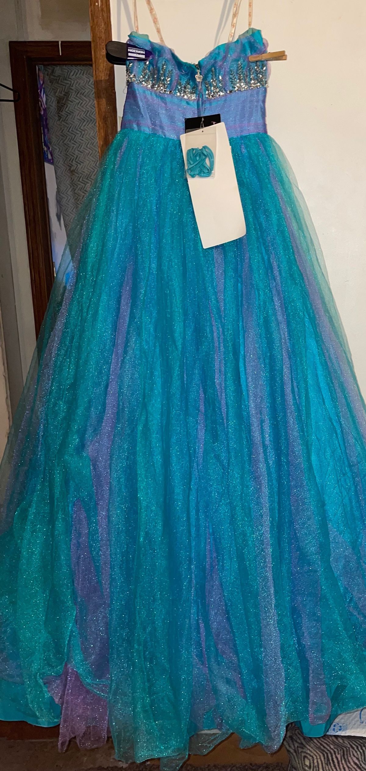Size 12 Prom Strapless Sequined Blue Ball Gown on Queenly