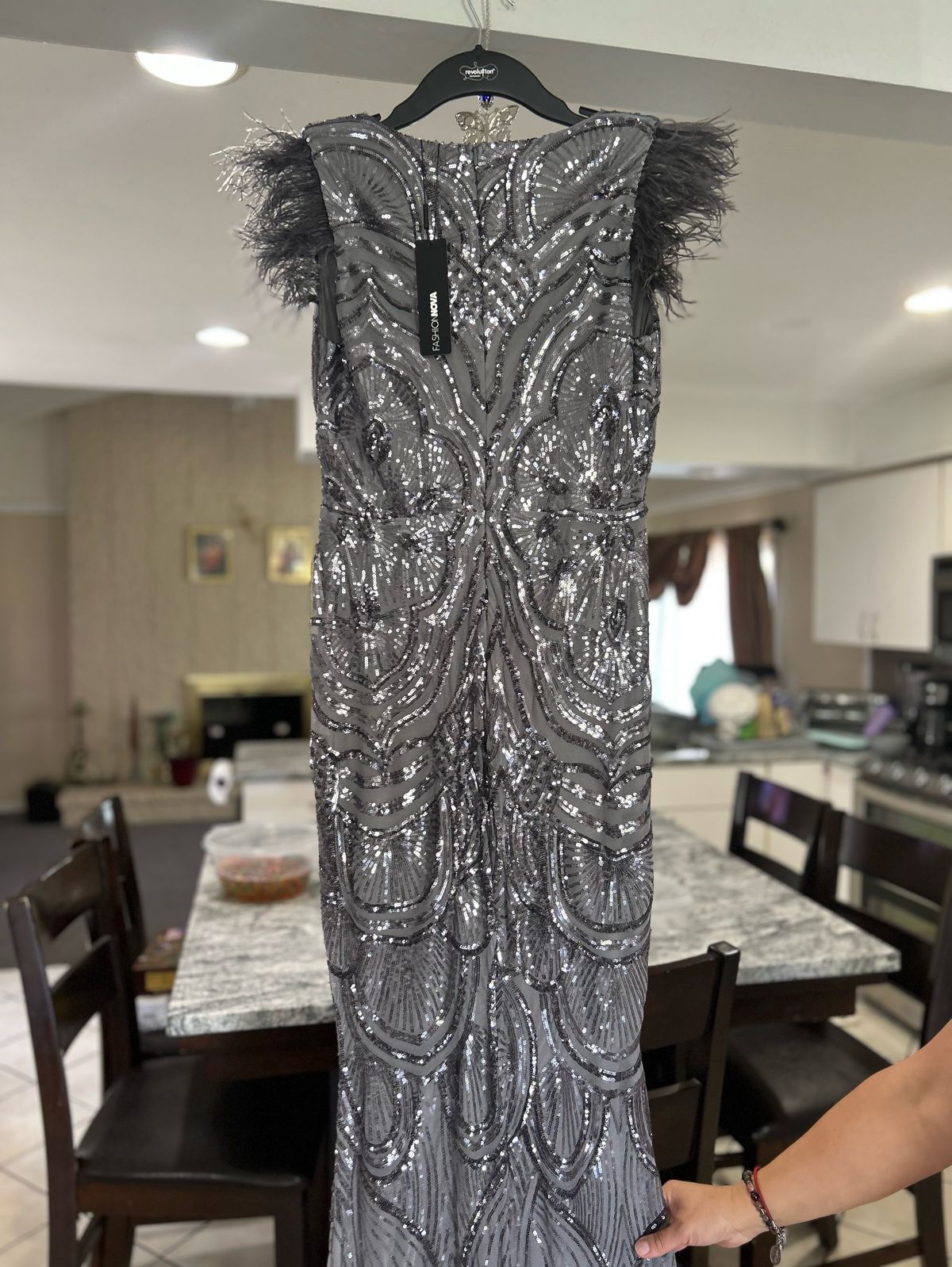 Fashion Nova Size 12 Prom Plunge Sequined Gray Mermaid Dress on Queenly