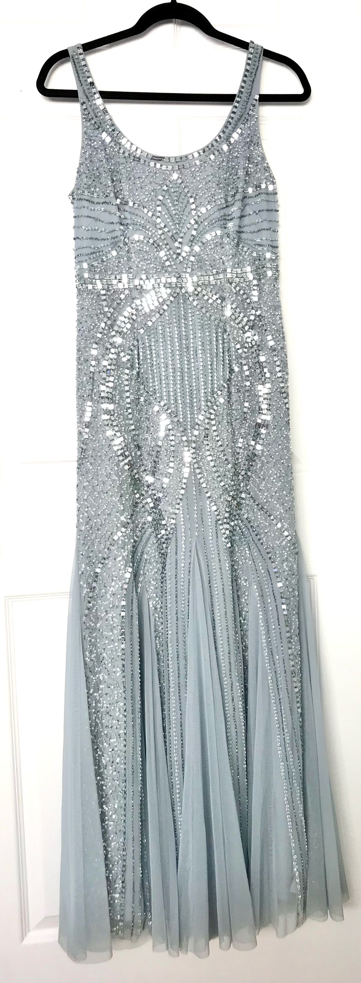 Adrianna Papell Size 8 Bridesmaid High Neck Sequined Light Blue Mermaid Dress on Queenly