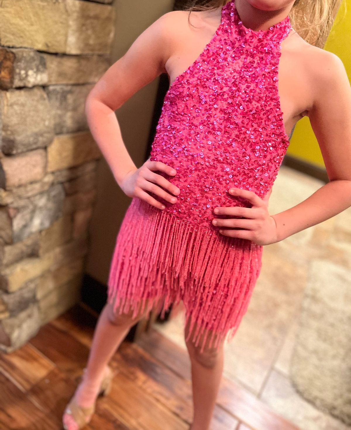 Ashley Lauren Girls Size 6 Homecoming Halter Sheer Hot Pink Formal Jumpsuit on Queenly