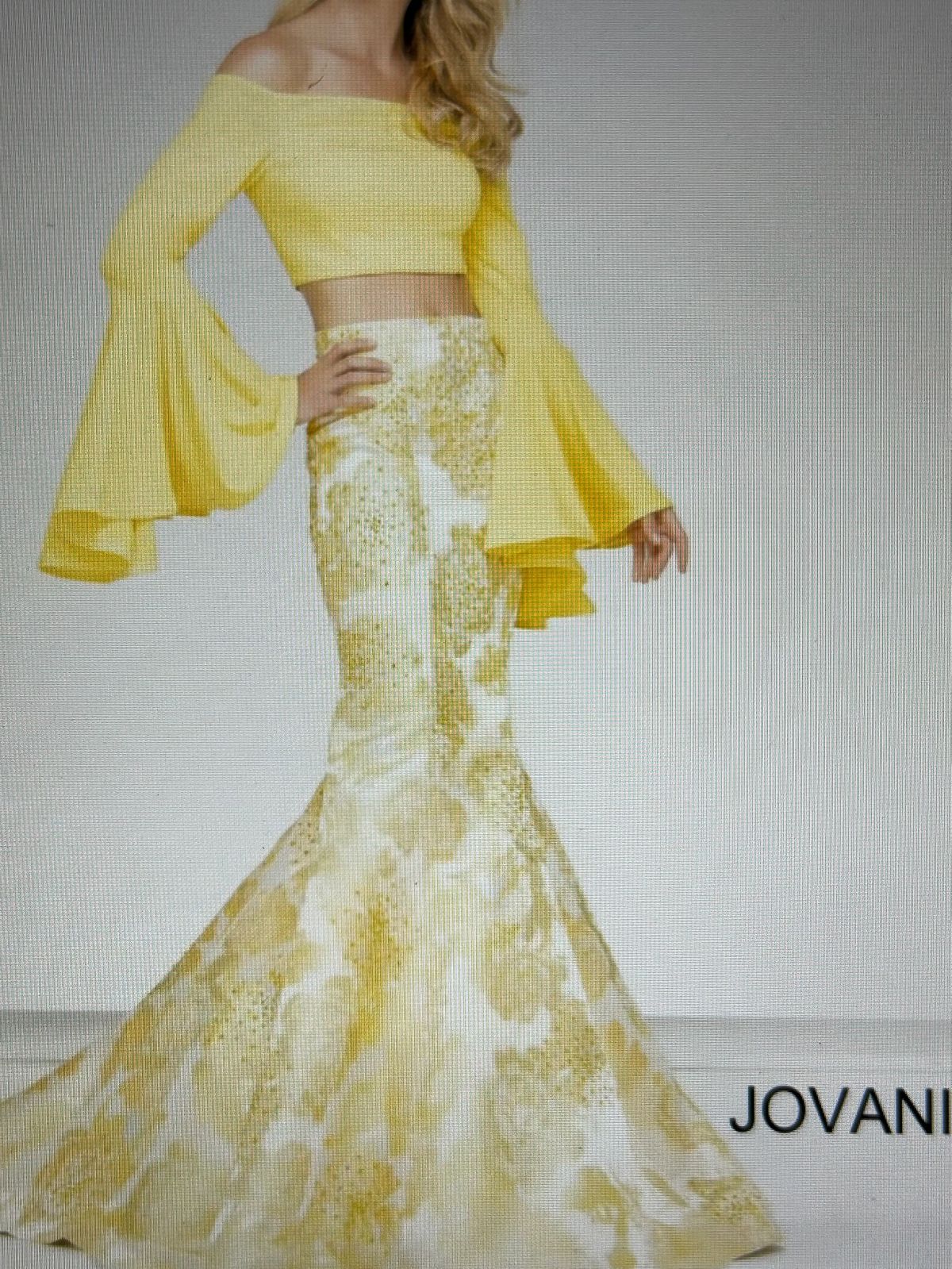 Jovani Size 4 Prom Long Sleeve Floral Yellow Mermaid Dress on Queenly