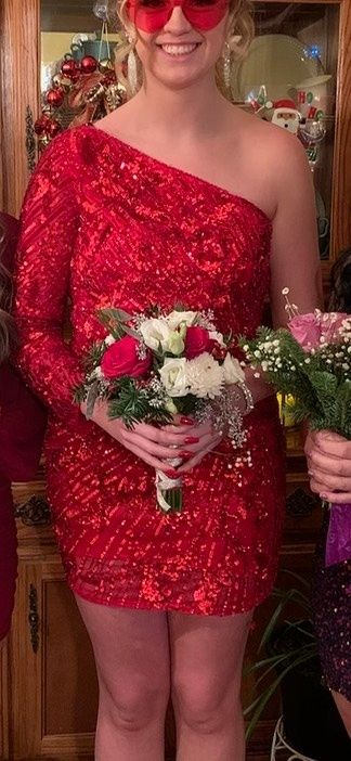 Primavera Size 8 Prom One Shoulder Sequined Red Cocktail Dress on Queenly