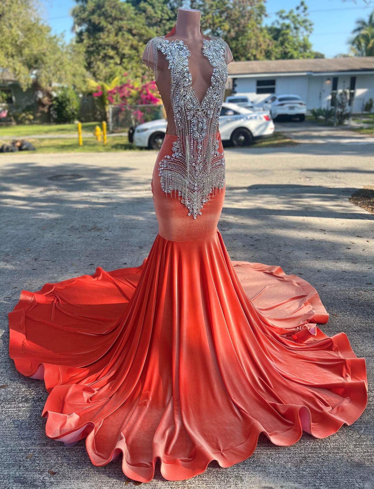 Size XL Prom Plunge Sequined Orange Ball Gown on Queenly