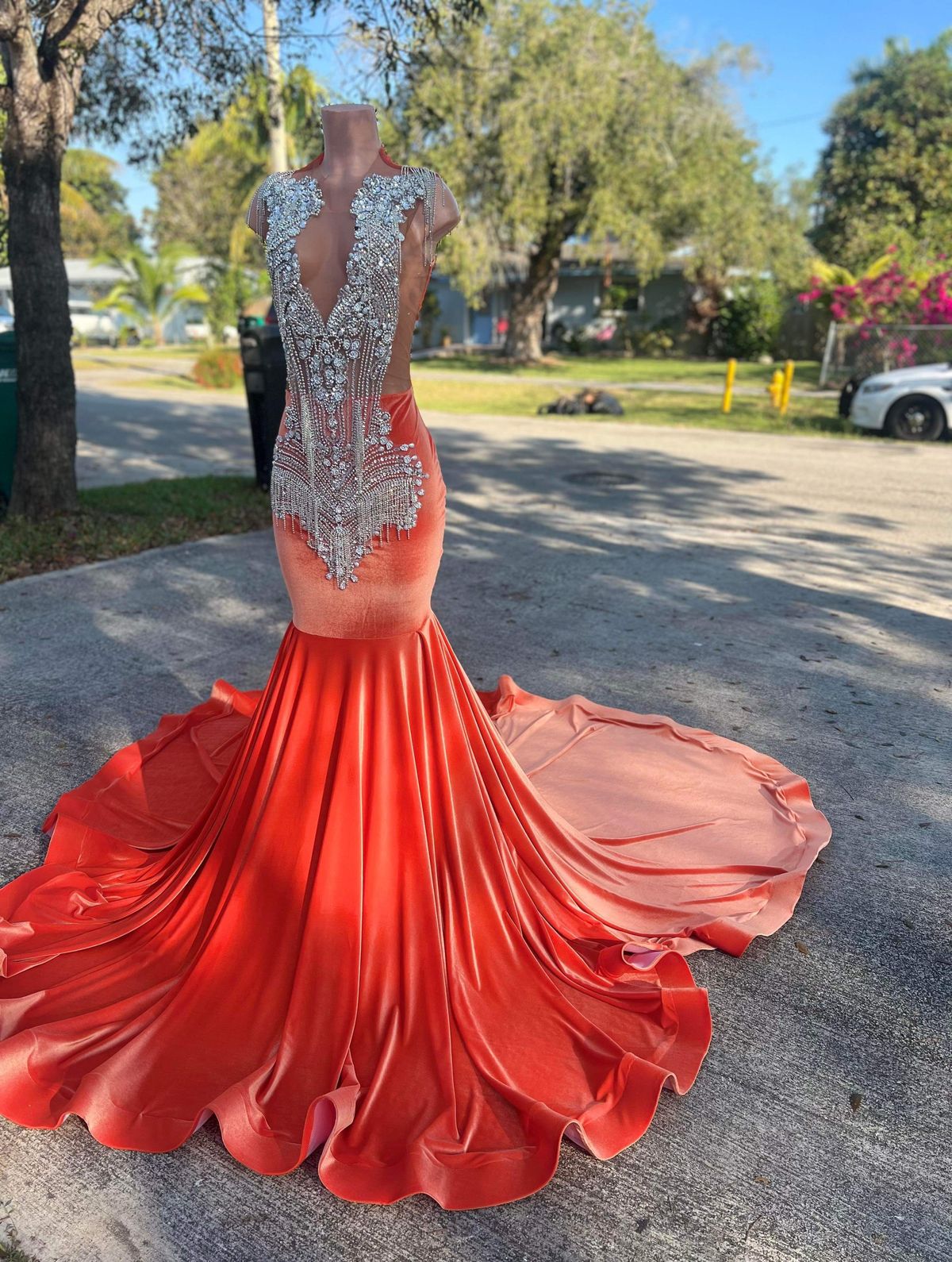 Size XL Prom Plunge Sequined Orange Ball Gown on Queenly