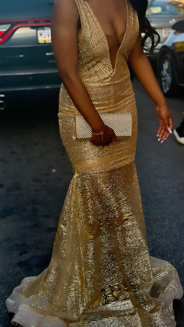 Size S Prom Plunge Sheer Gold Ball Gown on Queenly
