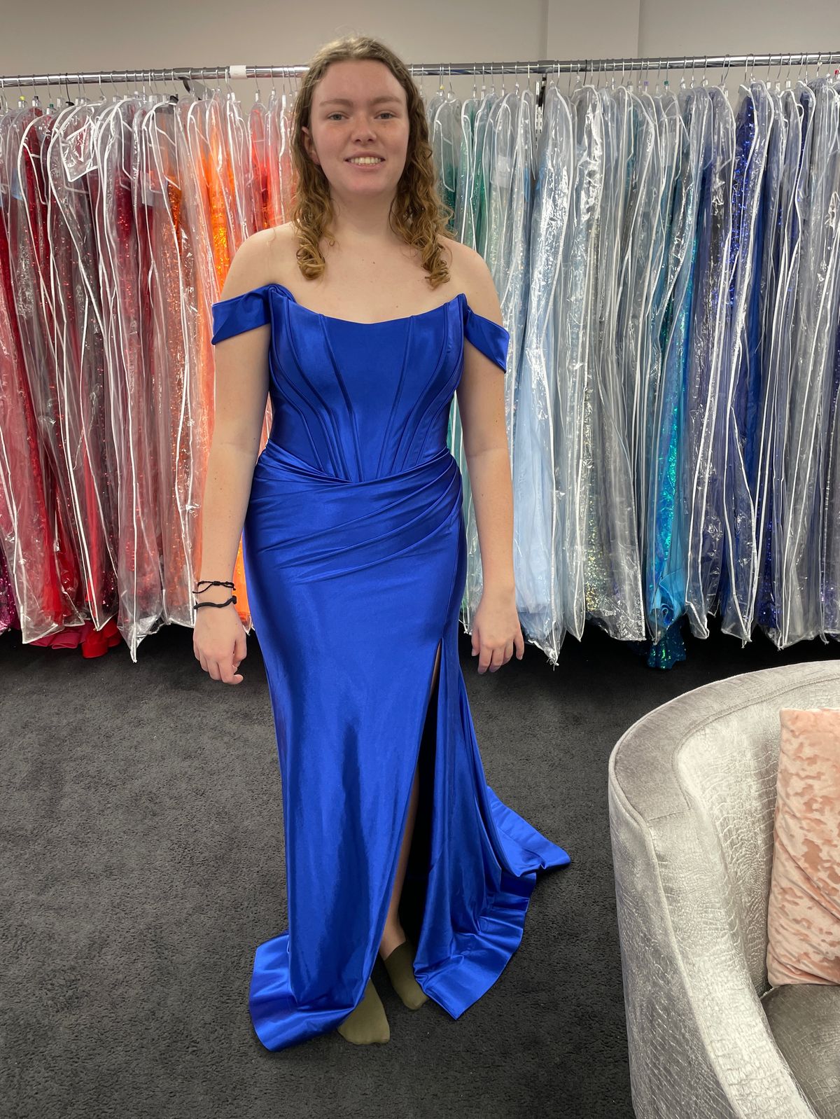 Sherri Hill Size 12 Prom Off The Shoulder Royal Blue Side Slit Dress on Queenly