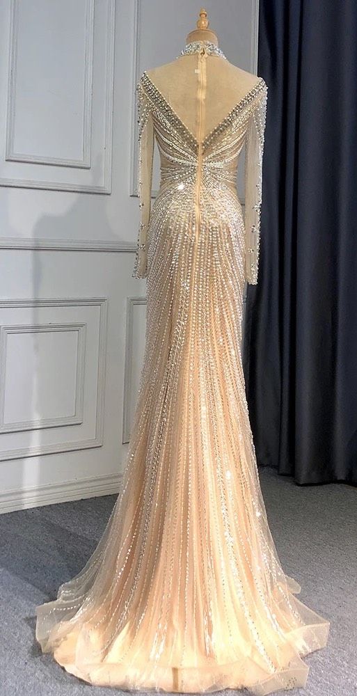 Size 6 Prom High Neck Sequined Nude Dress With Train on Queenly