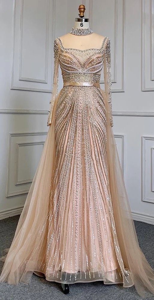 Size 6 Prom High Neck Sequined Nude Dress With Train on Queenly