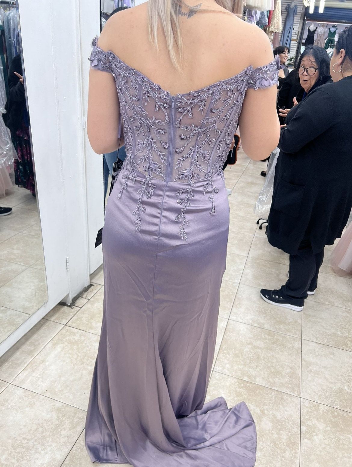 Size M Prom Off The Shoulder Sheer Purple Side Slit Dress on Queenly