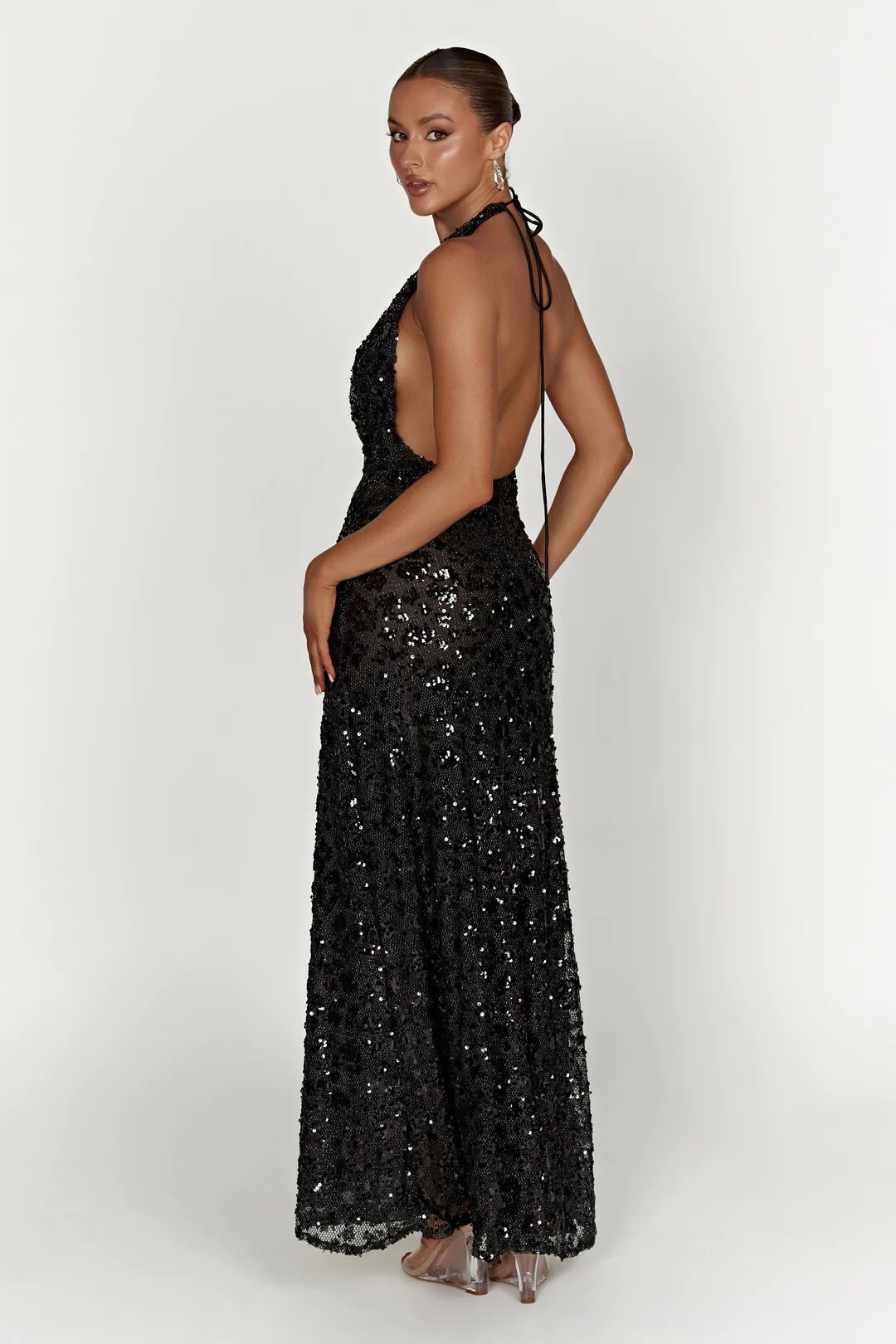 Style Nicola Plunge Neck Sequin Maxi Dress  Meshki Size 4 Black Floor Length Maxi on Queenly