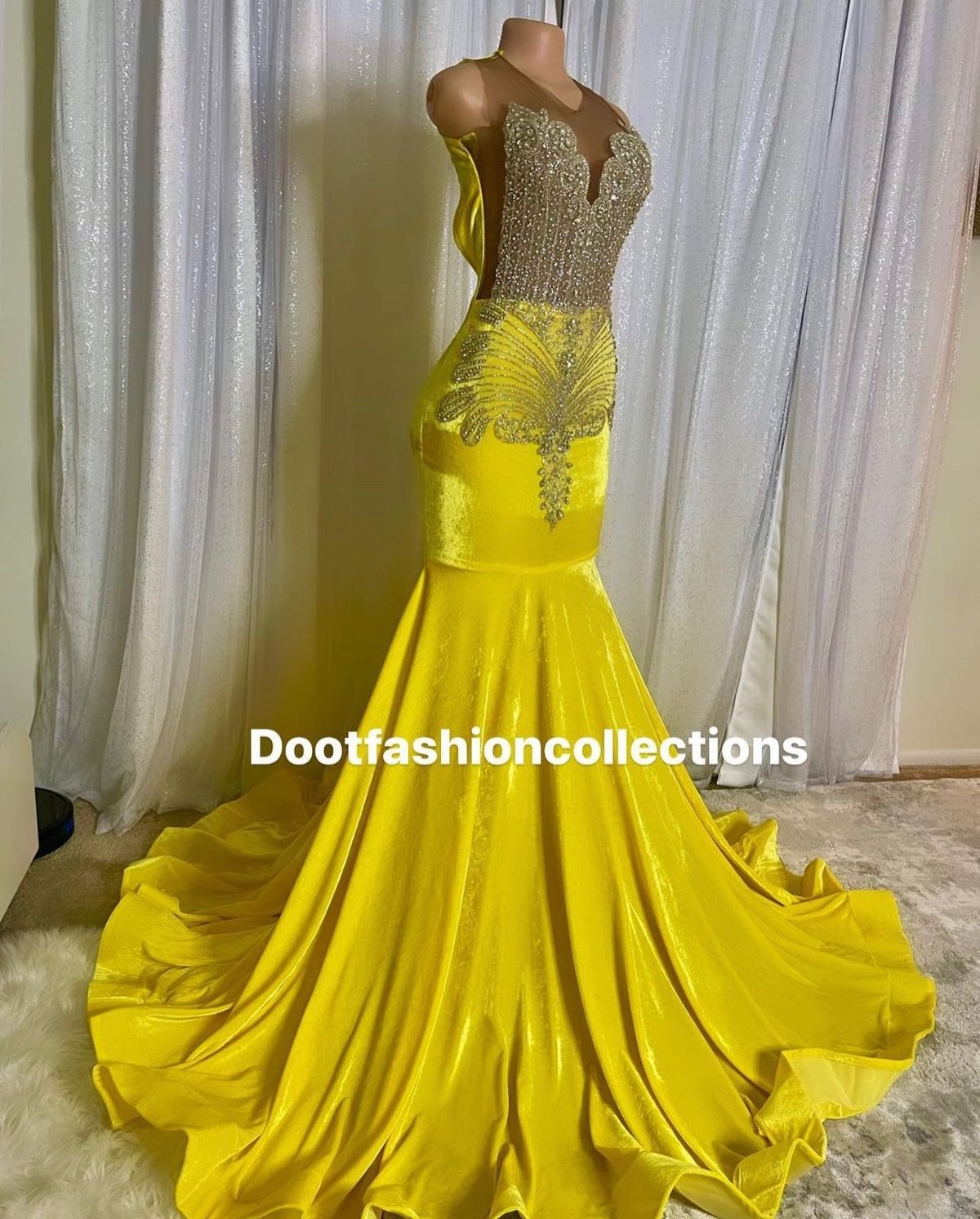 Size 12 Prom High Neck Velvet Yellow Ball Gown on Queenly