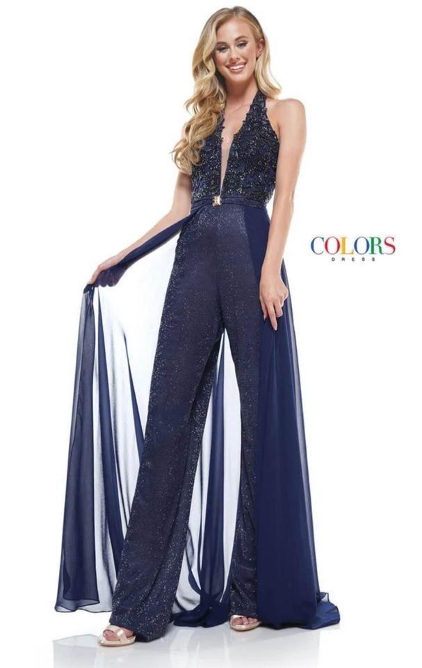 Style 2319 Colors Size L Pageant Halter Blue Formal Jumpsuit on Queenly