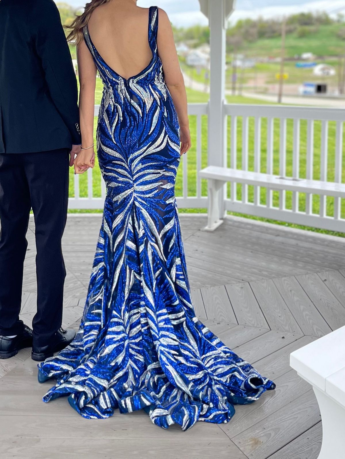 Jovani Size 4 Prom Plunge Sheer Royal Blue Mermaid Dress on Queenly