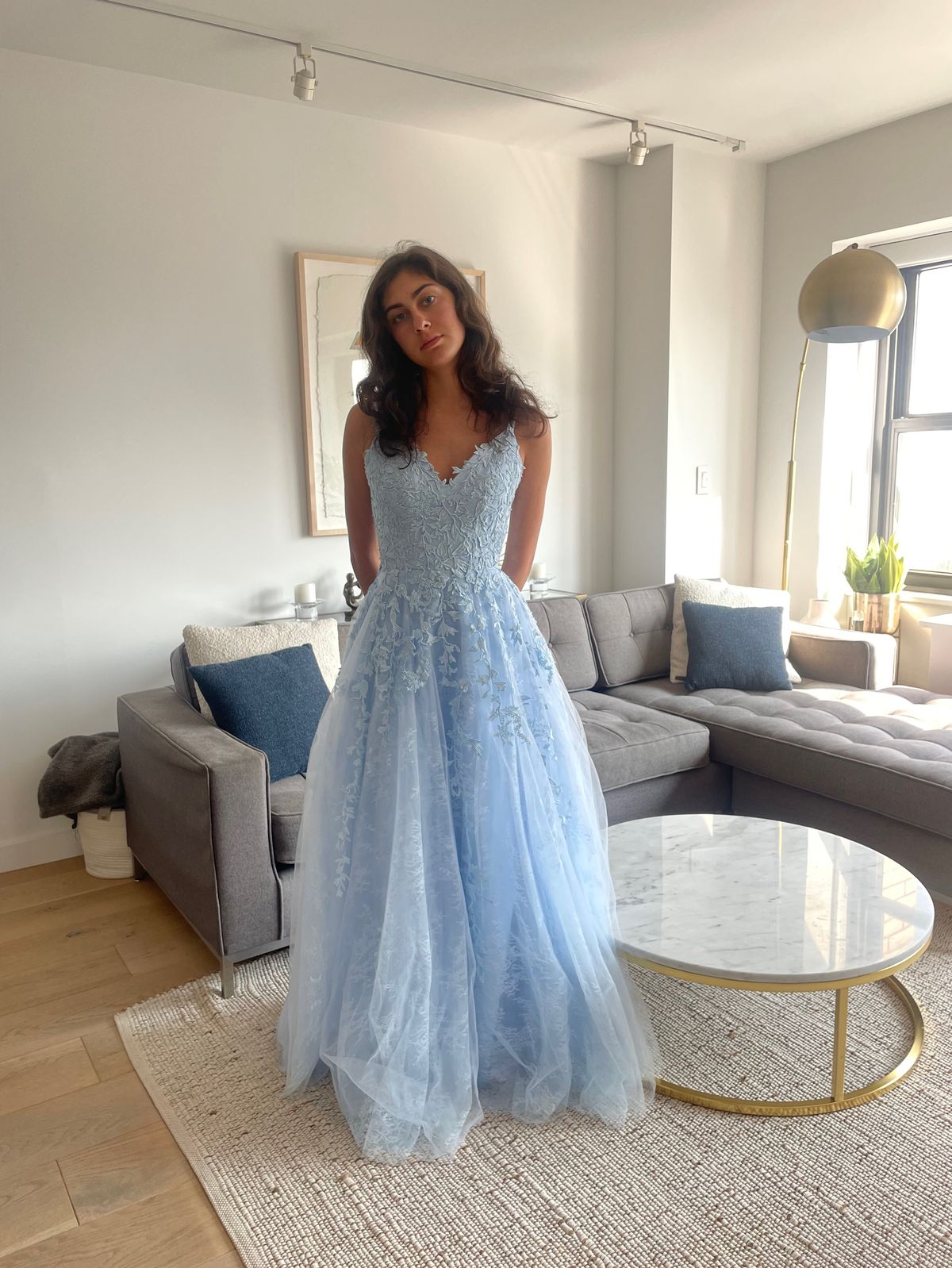 Size 2 Prom Plunge Lace Light Blue Ball Gown on Queenly