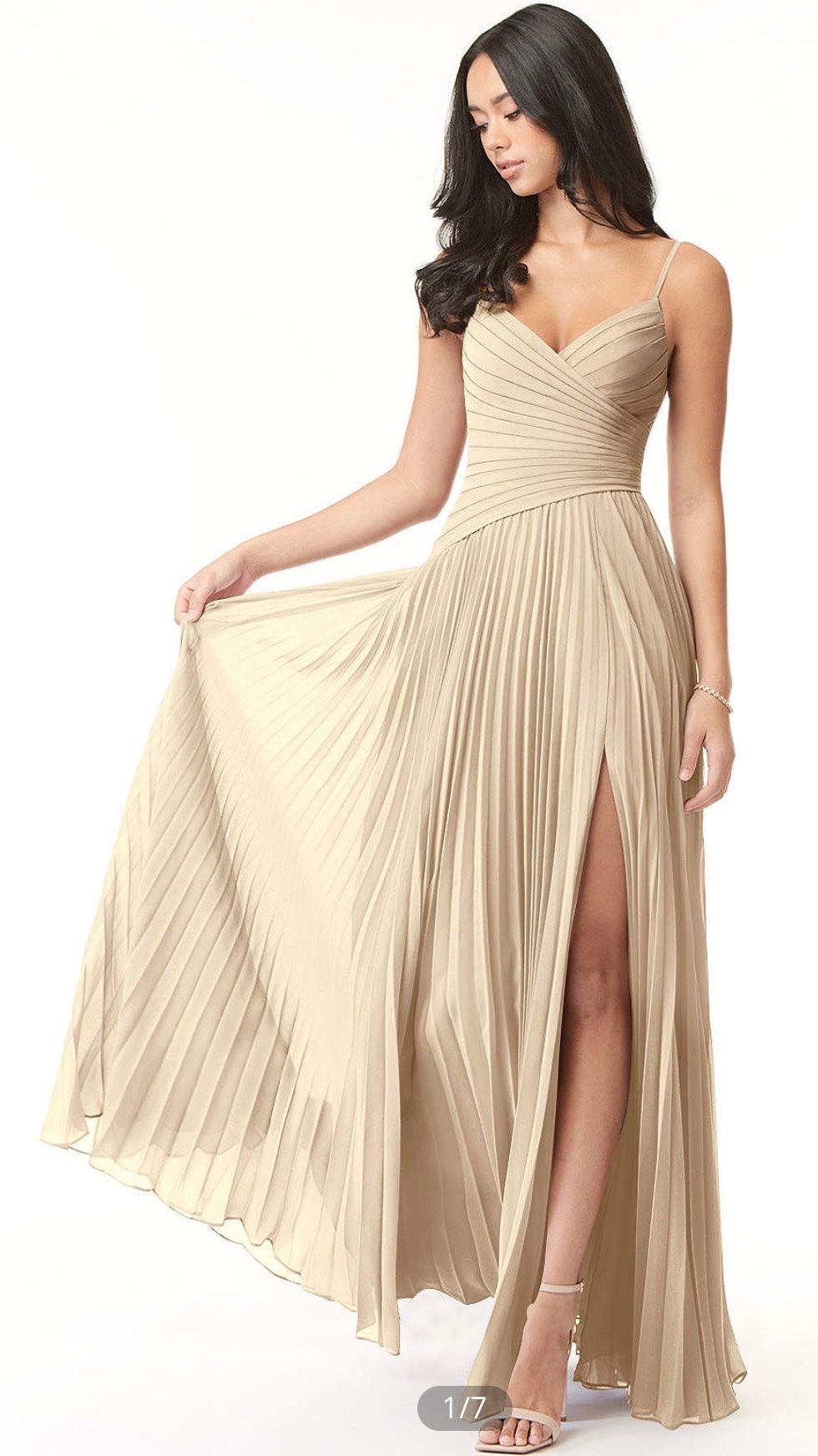 Azazie Size 4 Bridesmaid Plunge Nude Side Slit Dress on Queenly