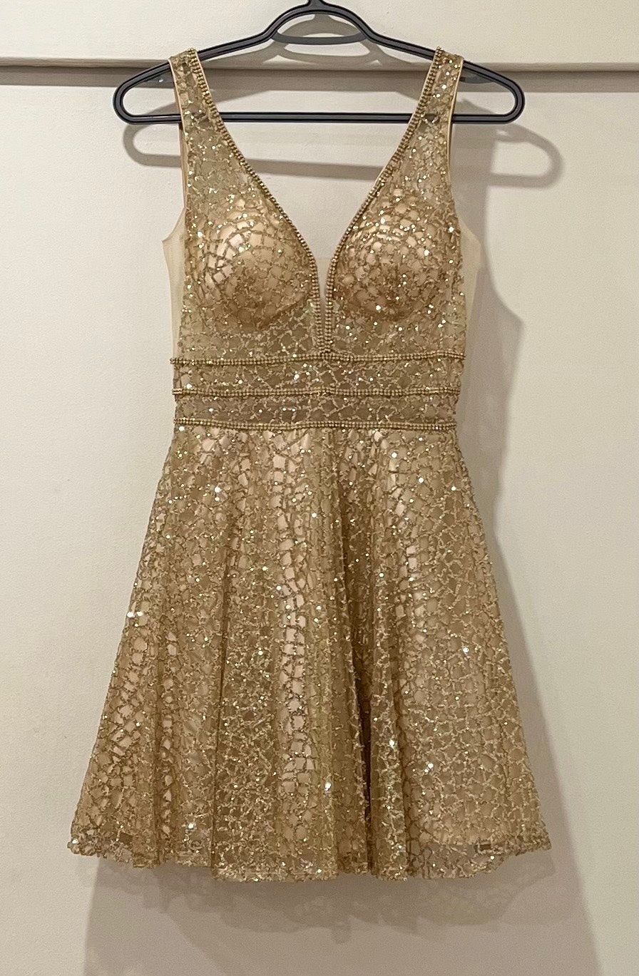 Dancing Queen Size S Prom Plunge Sheer Gold Cocktail Dress on Queenly
