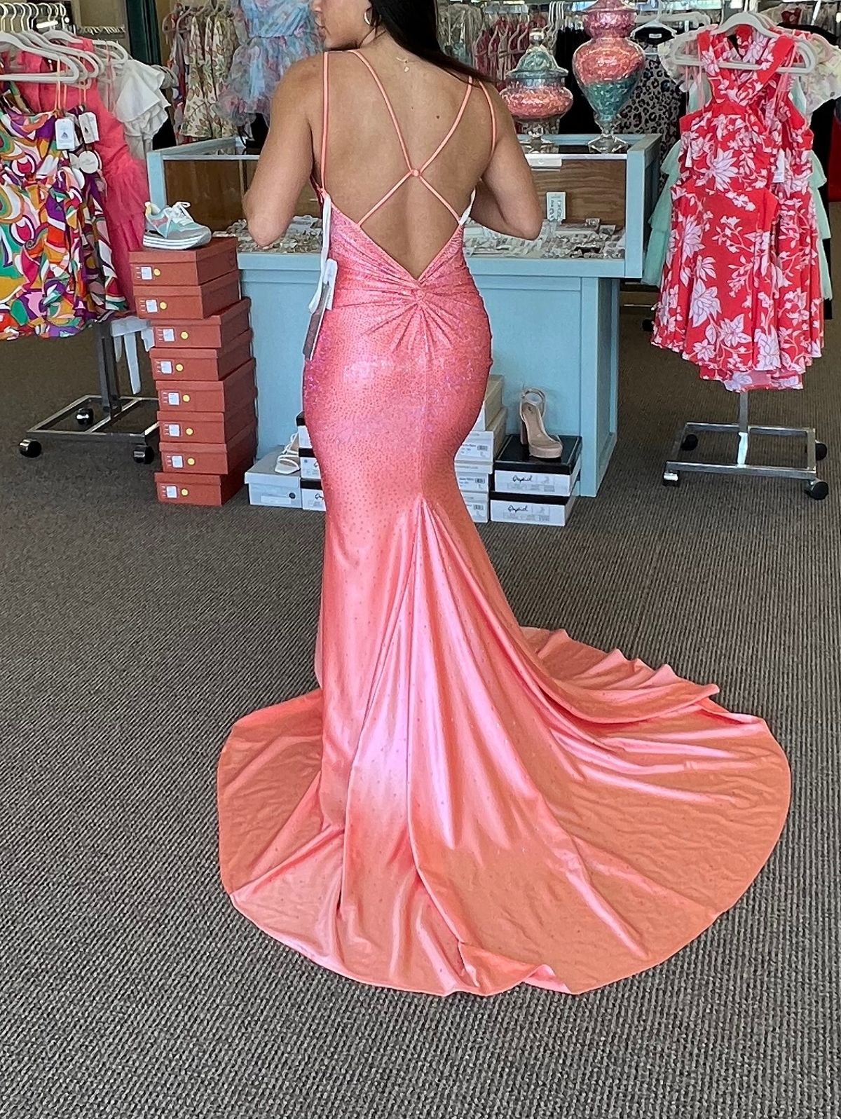 Jovani Size 6 Prom Plunge Coral Mermaid Dress on Queenly