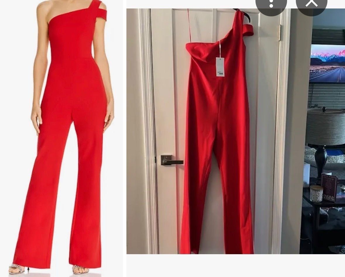 Size 2 Wedding Guest One Shoulder Red Formal Jumpsuit on Queenly