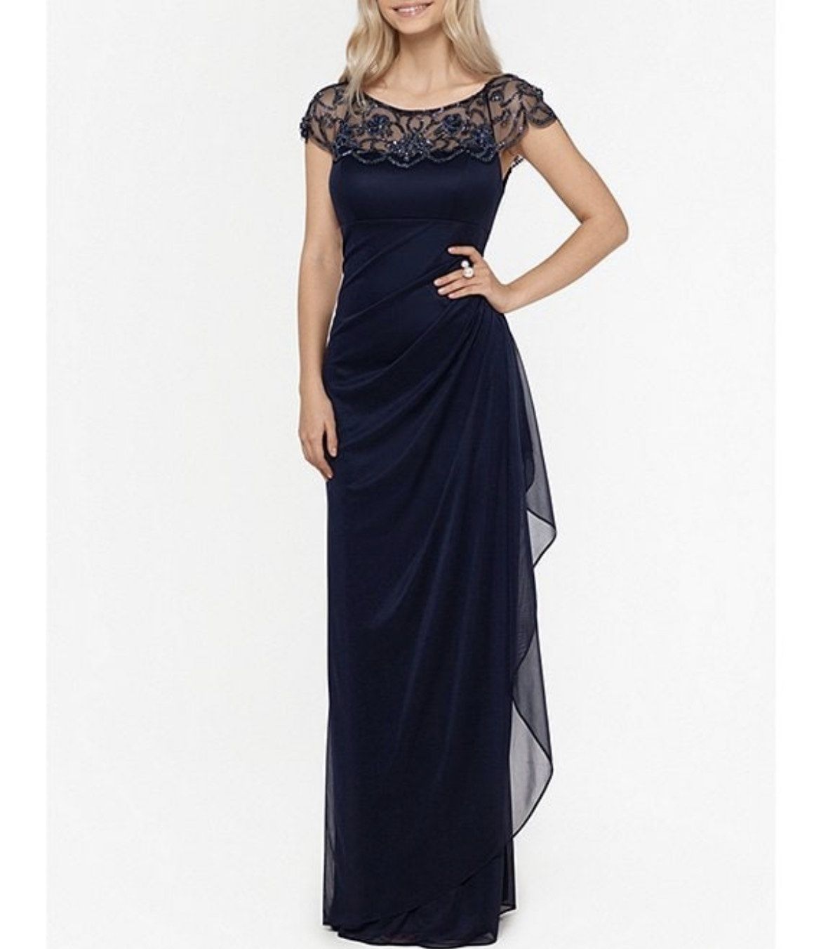 Xscape by Dillards Size 4 Prom Cap Sleeve Sequined Navy Blue Ball Gown on Queenly