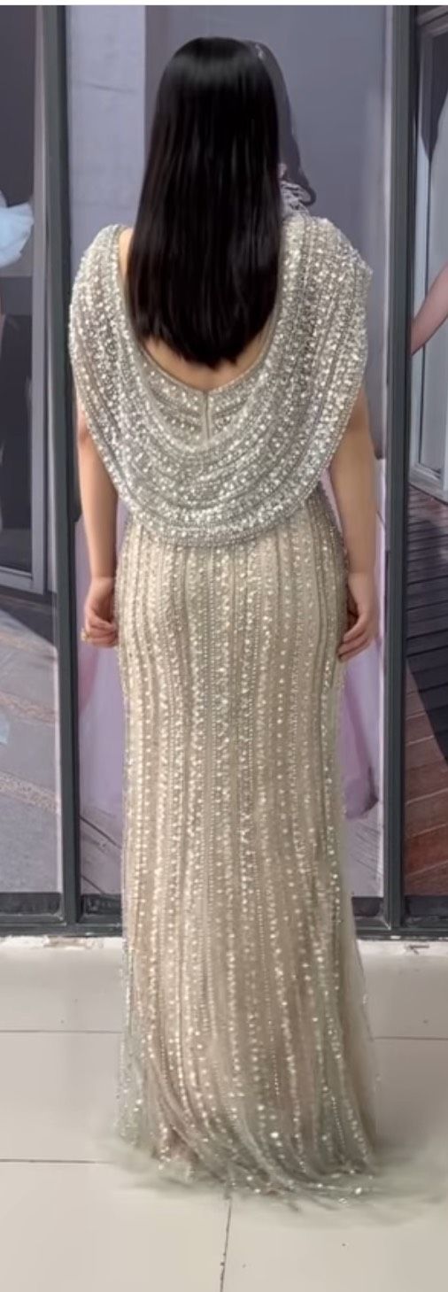 Size 8 Prom Plunge Sequined Nude Side Slit Dress on Queenly