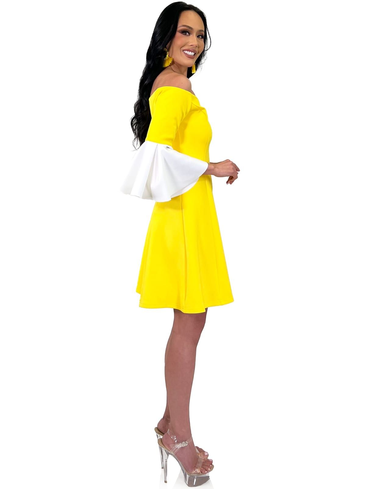 Style 8312 Marc Defang Size 4 Pageant Off The Shoulder Yellow Cocktail Dress on Queenly