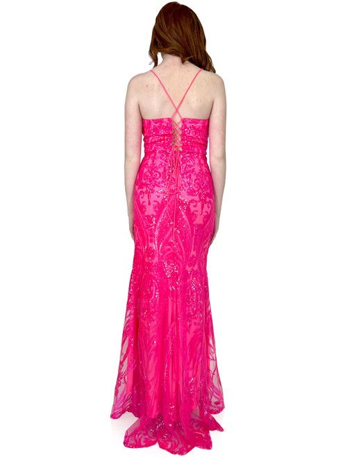 Style 8265 Marc Defang Size 4 Sheer Hot Pink Side Slit Dress on Queenly