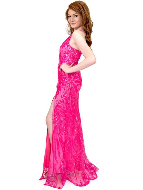 Style 8265 Marc Defang Size 4 Sheer Hot Pink Side Slit Dress on Queenly