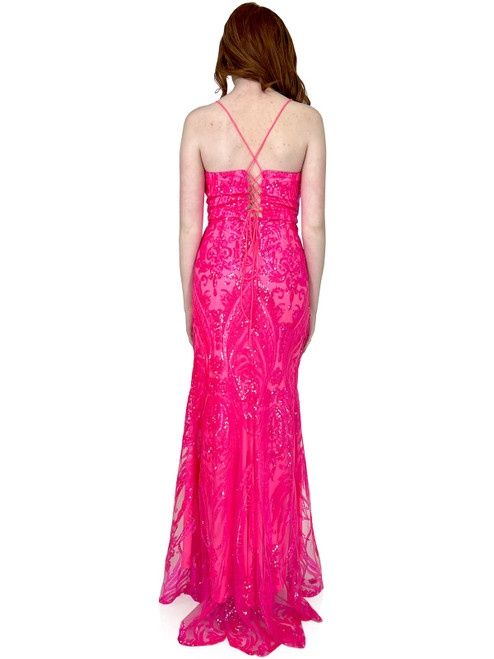 Style 8265 Marc Defang Size 6 Sheer Hot Pink Side Slit Dress on Queenly