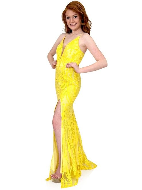 Style 8265 Marc Defang Size 4 Sheer Yellow Side Slit Dress on Queenly