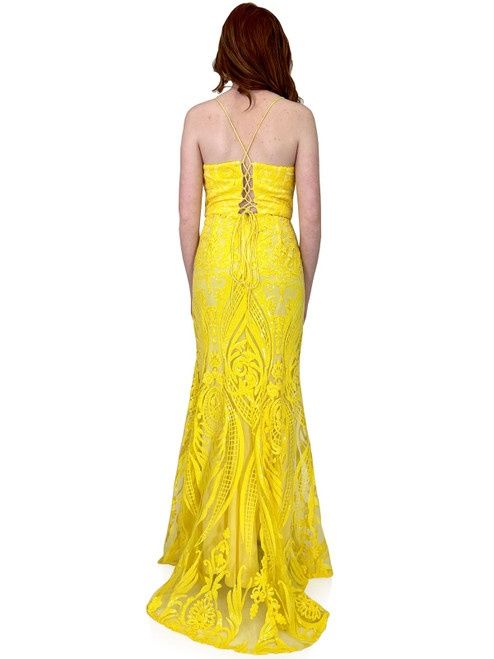 Style 8265 Marc Defang Size 12 Sheer Yellow Side Slit Dress on Queenly