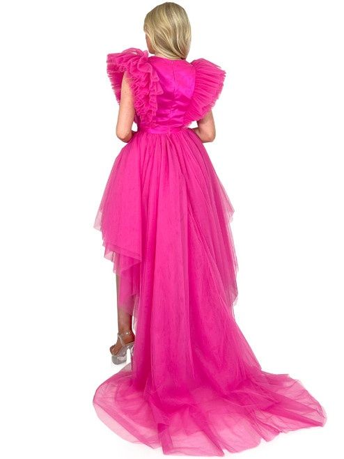 Style 8147 Marc Defang Size 4 Pageant Sheer Hot Pink Side Slit Dress on Queenly