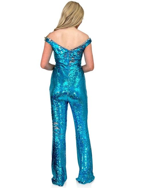 Style 8263 Marc Defang Size 4 Pageant Off The Shoulder Turquoise Blue Formal Jumpsuit on Queenly