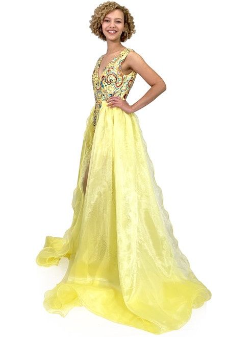 Style 8231 Marc Defang Size 4 Pageant Yellow Formal Jumpsuit on Queenly