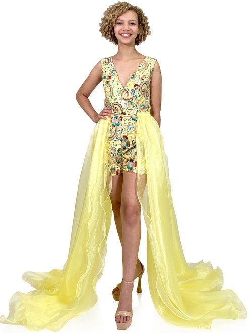Style 8231 Marc Defang Size 10 Pageant Yellow Formal Jumpsuit on Queenly