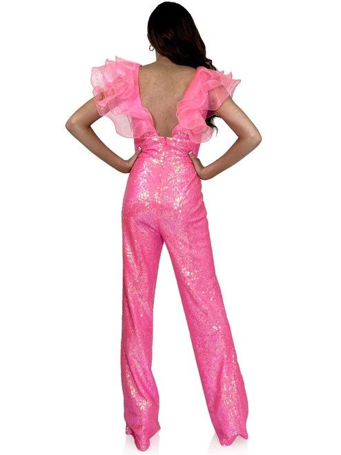 Style 8217 Marc Defang Size 4 Pageant Sheer Pink Formal Jumpsuit on Queenly