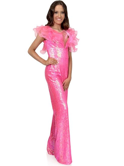 Style 8217 Marc Defang Size 4 Pageant Sheer Pink Formal Jumpsuit on Queenly