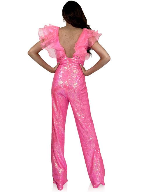 Style 8217 Marc Defang Size 6 Pageant Sheer Pink Formal Jumpsuit on Queenly