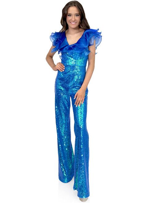 Style 8217 Marc Defang Size 4 Pageant Sheer Blue Formal Jumpsuit on Queenly