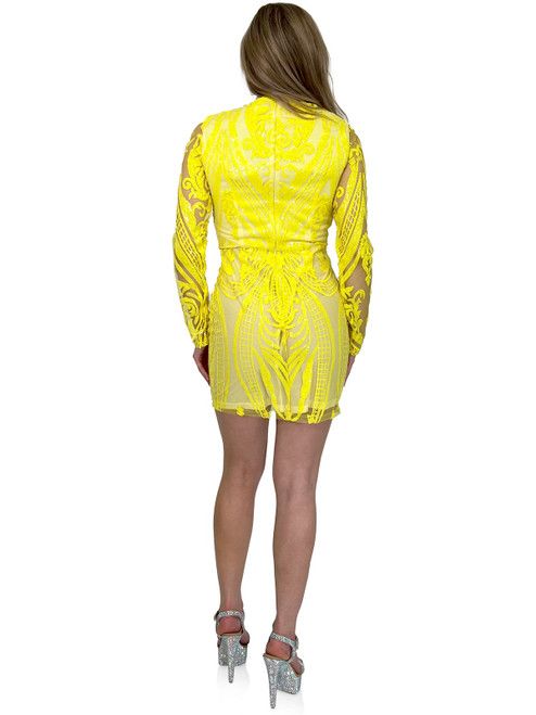 Style 8251 Marc Defang Size 4 Pageant Long Sleeve Yellow Cocktail Dress on Queenly