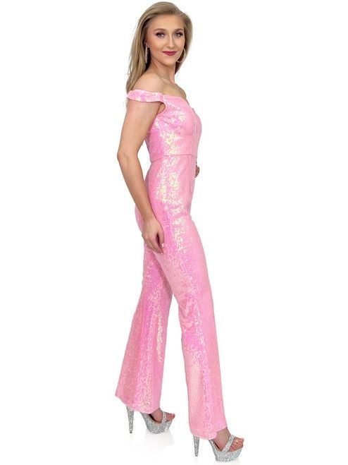 Style 8099 Marc Defang Size 4 Pageant Off The Shoulder Pink Formal Jumpsuit on Queenly