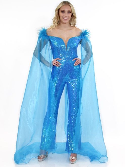 Style 8099 Marc Defang Size 6 Pageant Off The Shoulder Turquoise Blue Formal Jumpsuit on Queenly