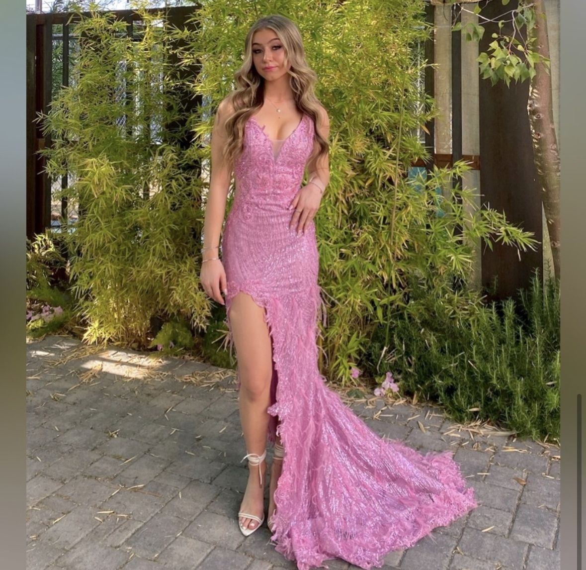 Style PS21228 Portia and Scarlett Size 2 Prom Plunge Sequined Hot Pink Side Slit Dress on Queenly