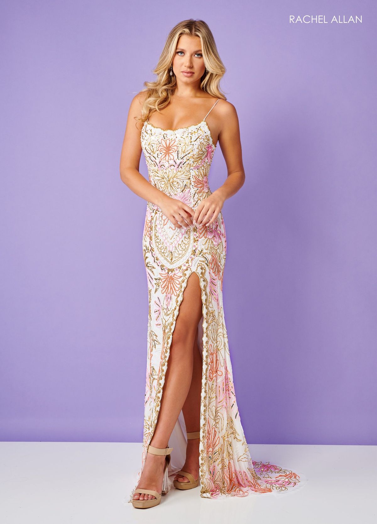 Style 70002 Rachel Allan Size 8 Prom Plunge White Side Slit Dress on Queenly