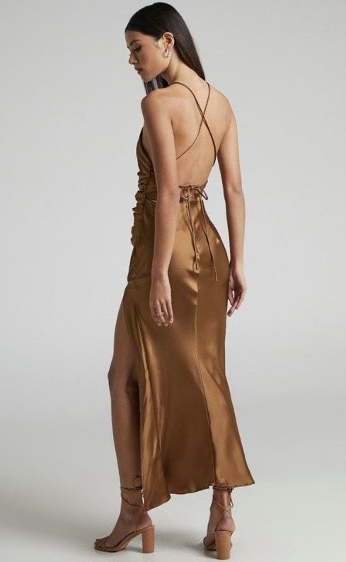 Showpo Size 2 Prom Plunge Brown A-line Dress on Queenly