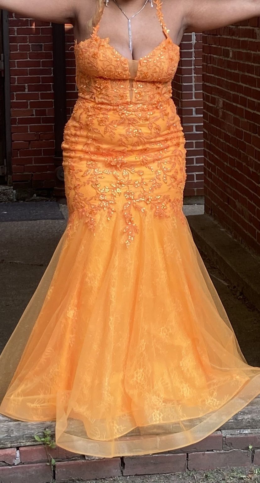 Style EW34085 Ellie Wilde Size 12 Prom Lace Orange Mermaid Dress on Queenly