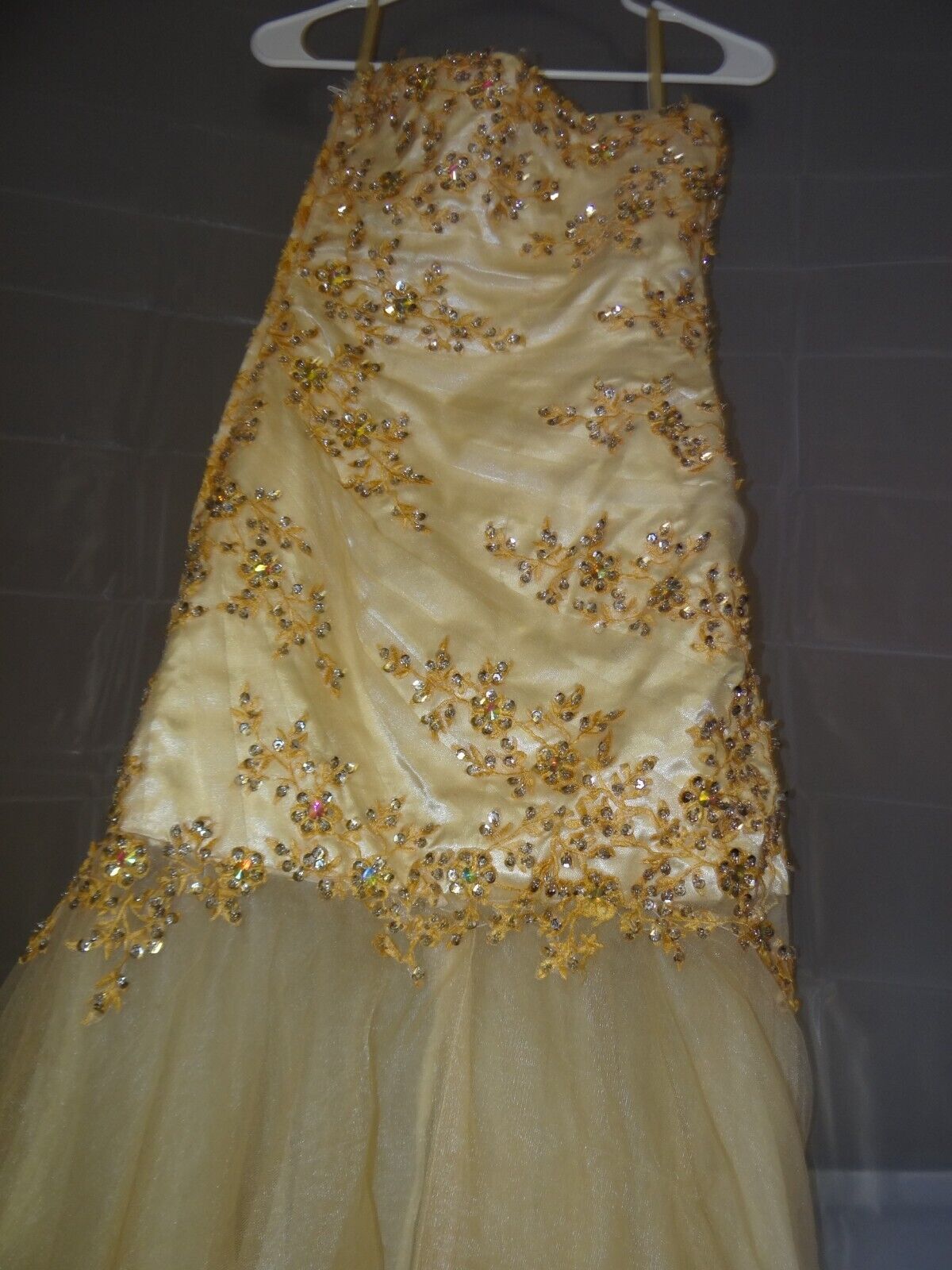 Size 4 Bridesmaid Strapless Sequined Gold Ball Gown on Queenly