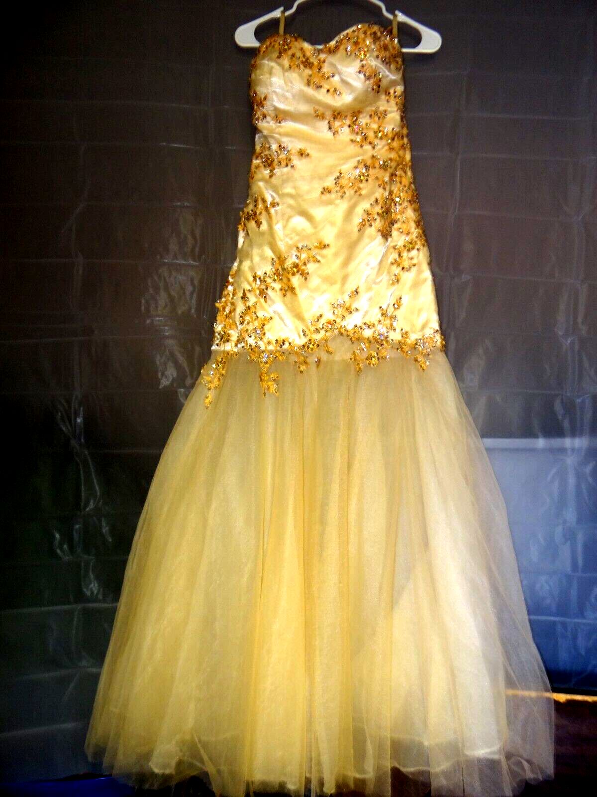 Size 4 Bridesmaid Strapless Sequined Gold Ball Gown on Queenly